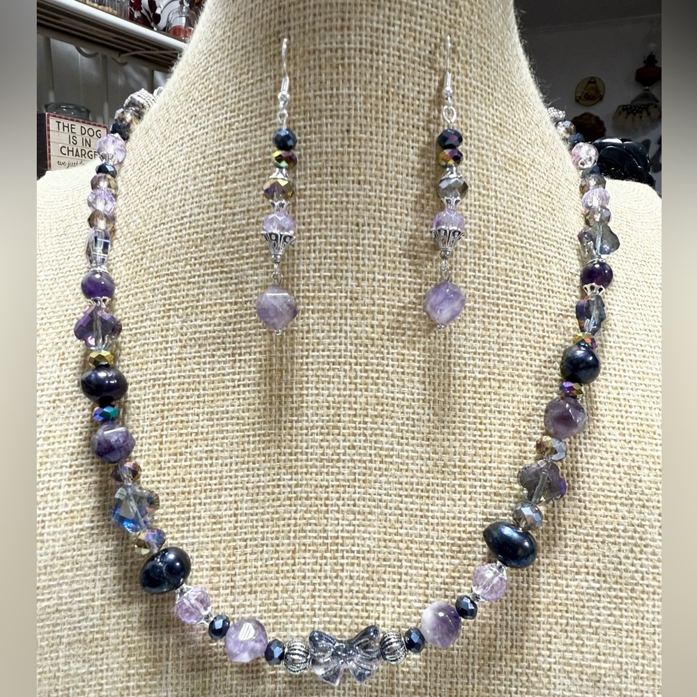 Amethyst and Tahitian Pearl Necklace and Earring Set